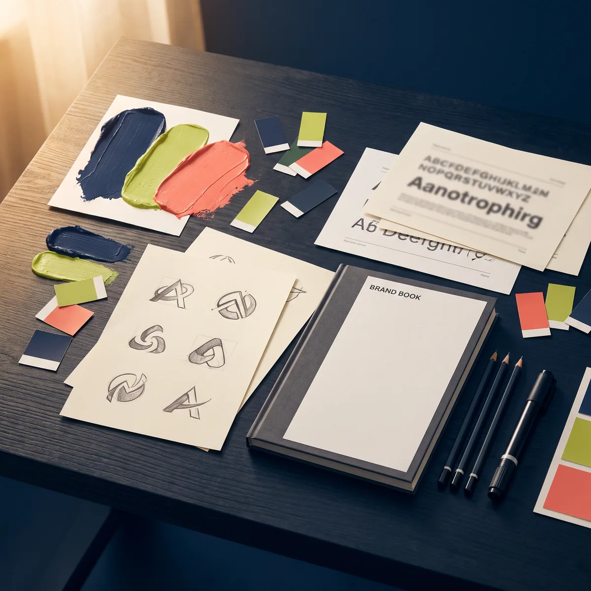 Moodboard d'identité de marque : swatches, croquis de logo, typographies